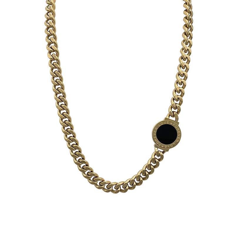 Exaggerated Black Round Tag Chunky Chain Necklace - Titanium Steel Women's Fashion Choker
