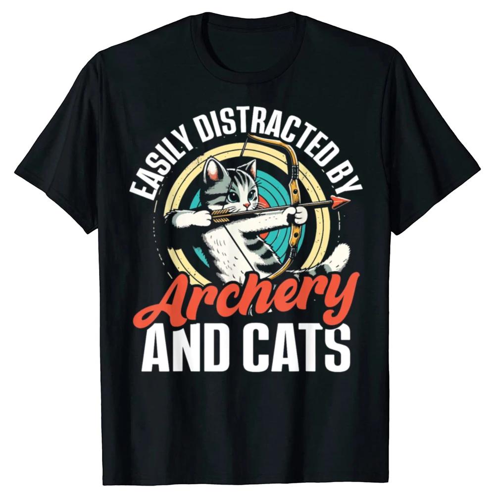 Easily Distracted By Archery And Cats Graphic Tee Funny Archer Cat Lover Short Sleeve TShirt Unisex S