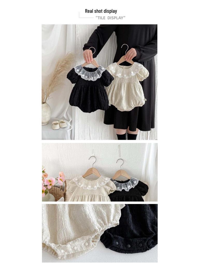 Korean Style Baby Girl Summer Romper with Lace Ruffle & Peter Pan Collar