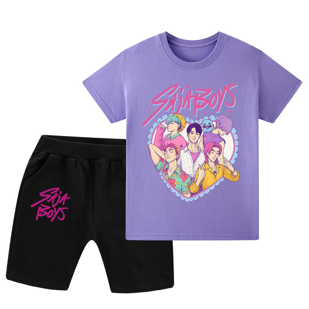

WA1212 Kids Boys Girls Kpop Rumi Zoey Mira Sajaboys Print Short Sleeves T-shirt Shorts Pants Sets 150cm фіолетовий