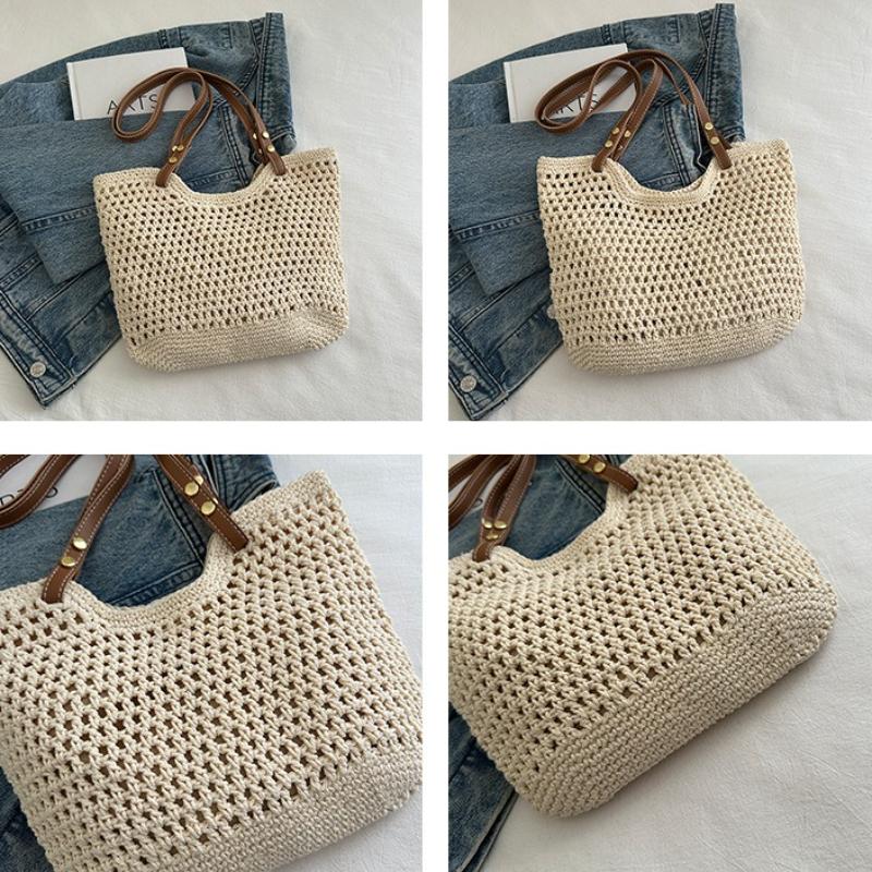 Large Capacity Knit Shoulder Bags for Women Versatile Ladies Beach Woven Underarm Bag Hollow Design Commuter Female Handbag Tote