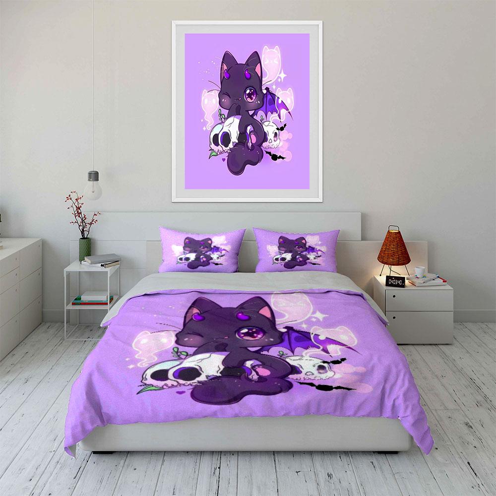 Cute Gothic Cat Decor Set Soft Comfortable Duvet Cover Bedding Set Included 1*Duvet Cover & 2*Pillowcases, Gift