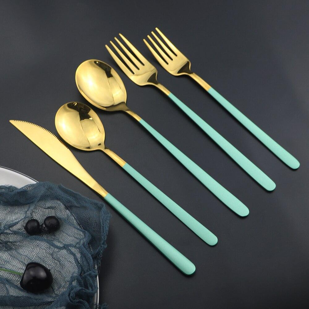 Portable Food Dinnerware Cutlery Set 304 Stainless Steel Table Knife Spoon Fork Dinner Set Green Gold Tableware Set