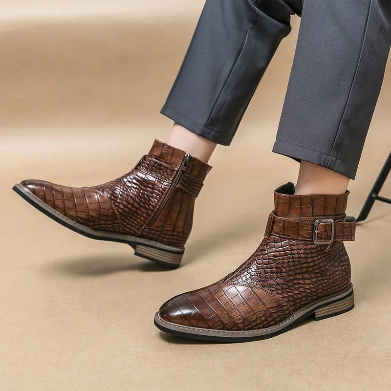 New Brown Ankle Boots for Men Zippper Black Crocodile Pattern  Square Toe Fashion Business Formal Men's Boots Size 38-46