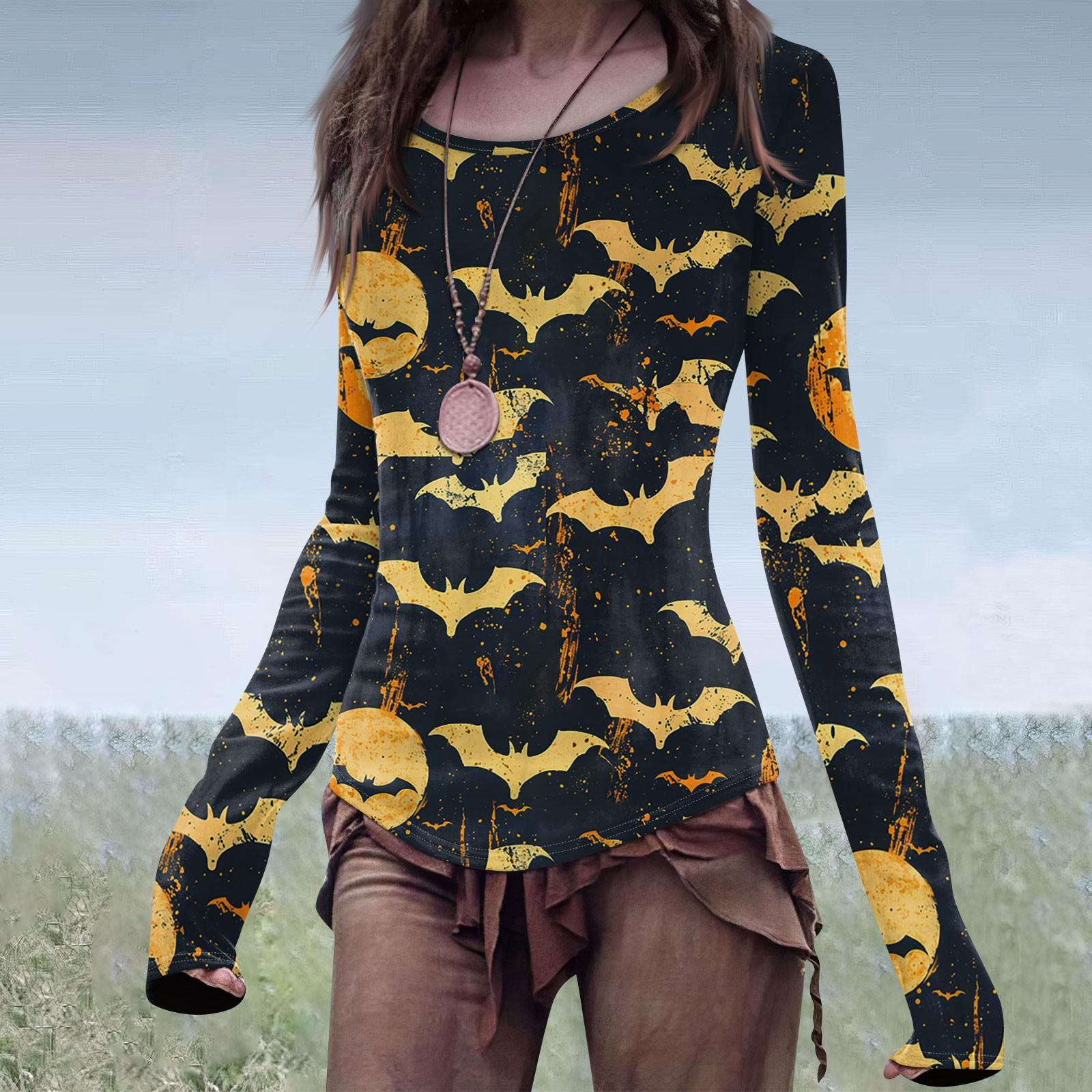 

Женская мода повседневный Mori Slim с длинным рукавом Хэллоуин принтованный круглый вырез обычный топ XL жёлтый