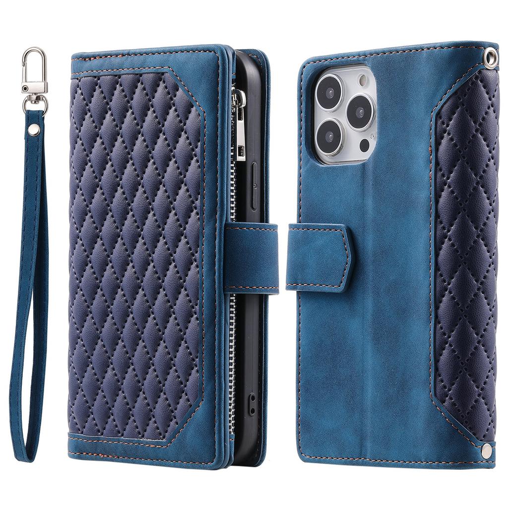 Style 005 For iPhone 16 Pro Zipper Wallet Case Rhombus Stitching Line PU Leather Phone Cover