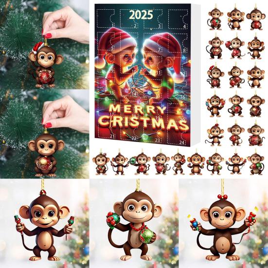 Monkey Advent Calendar 2025 2D Acrylic Monkey Hanging Ornament for Christmas Tree 24 Days Christmas Countdown Calendar for Kids Adult