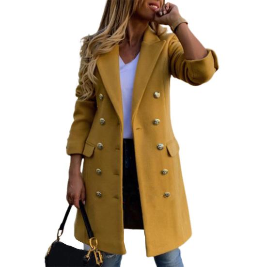 

Long Sleeve Wool Coat Pure Color Breathable Turn-Down Collar Double-breasted Women Overcoat Outerwear 2XL