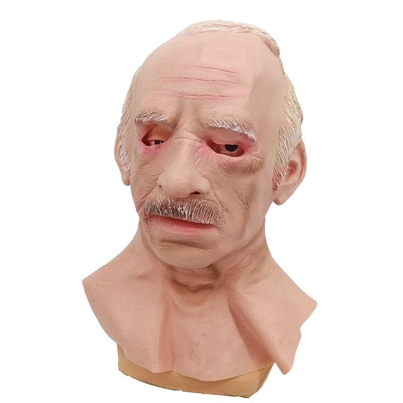 Halloween Scary Bald Old Man Mask, Simulated Grandpa Latex Headgear, Funny Masquerade Props (White-Haired Old Man)