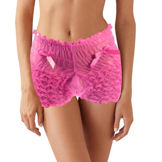 Men Sexy High Waist Underwear Mesh Lace Shorts Panties with Bowknot Decor Solid
