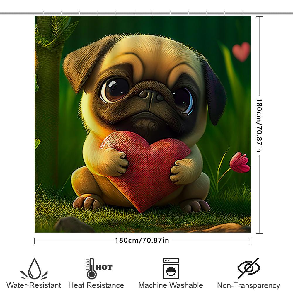Adorable Dog Print Shower Curtain with Heart Shaped Pug Toy for Bathroom Decor Home Textiles Decoration Item #7892136450