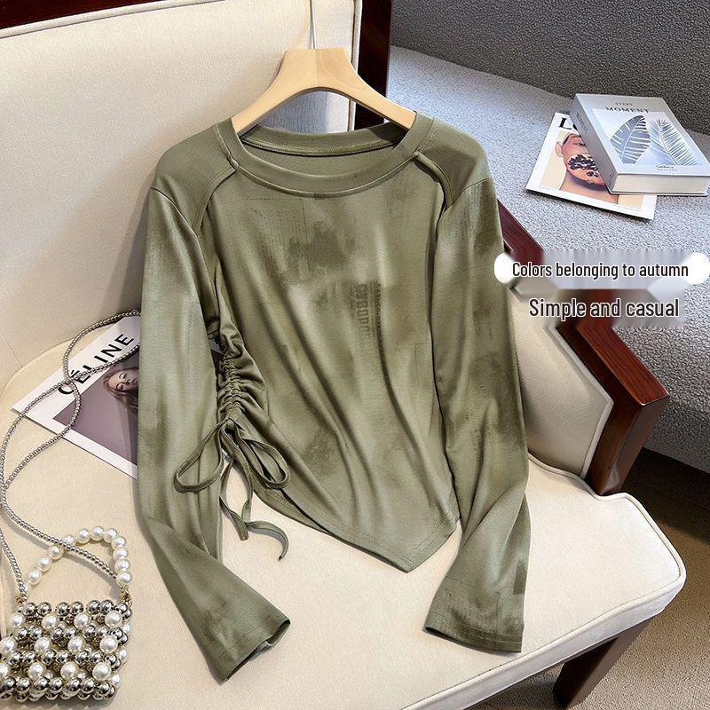 Tie-Dye Women's Irregular Long Sleeve Drawstring Slimming T-Shirt - Korean Style for Spring/Autumn 2025