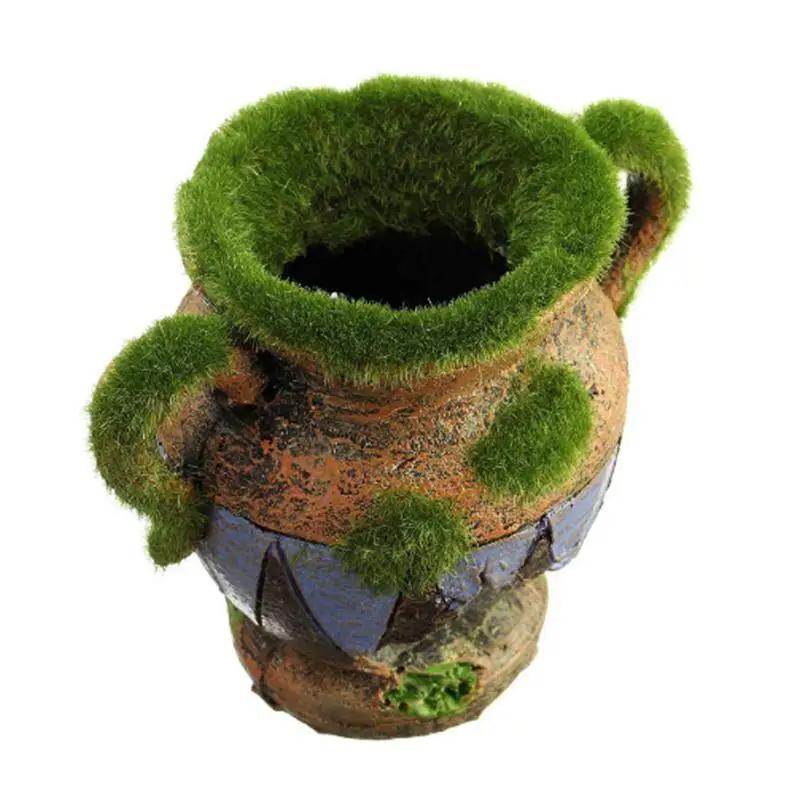 1pc Resin Vase with Moss Aquarium Decoration Accessories for Fish Shrimp Tank Landscape Ornaments. White