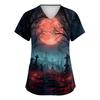 Womens V Neck Short Sleeve Work Top Halloween Print Side Slit Tunic Shirt with Pockets Casual Loose Fit Blouse for Daily Wear