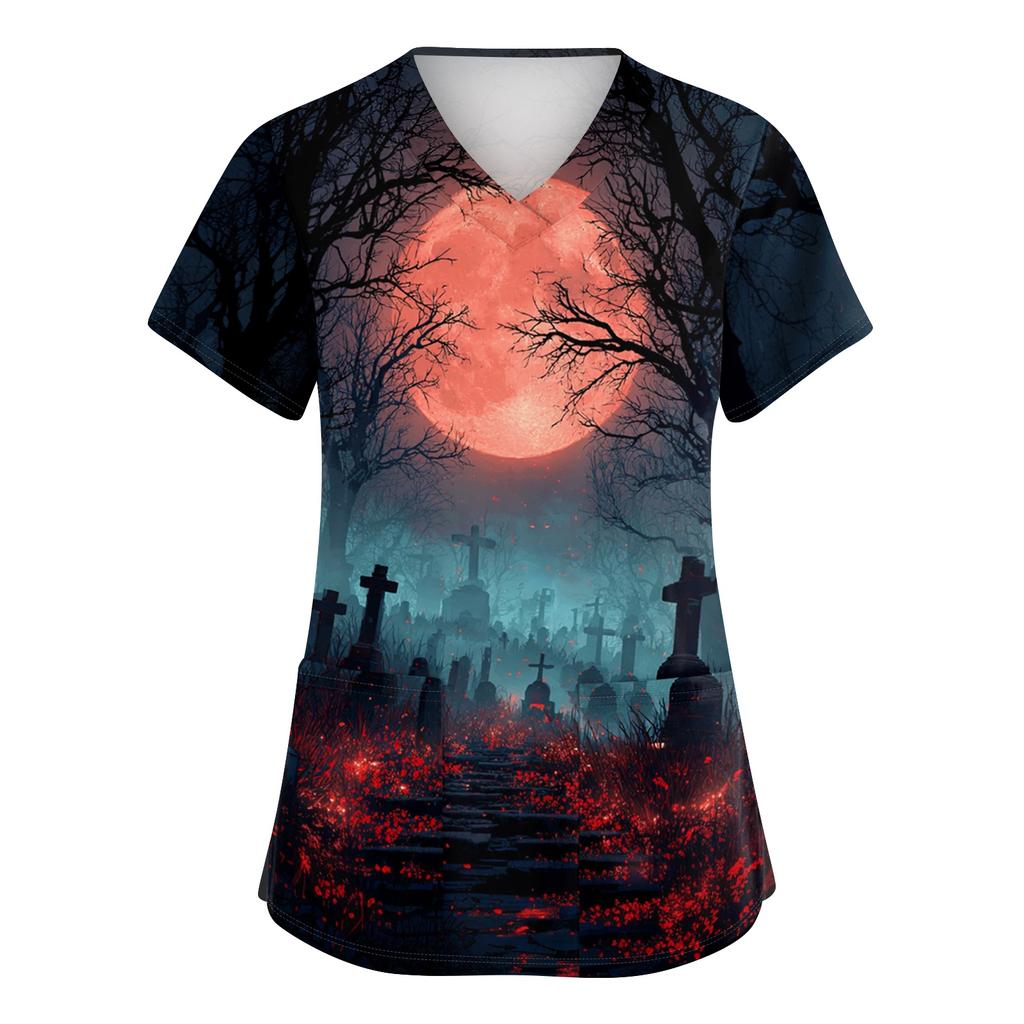 Womens V Neck Short Sleeve Work Top Halloween Print Side Slit Tunic Shirt with Pockets Casual Loose Fit Blouse for Daily Wear