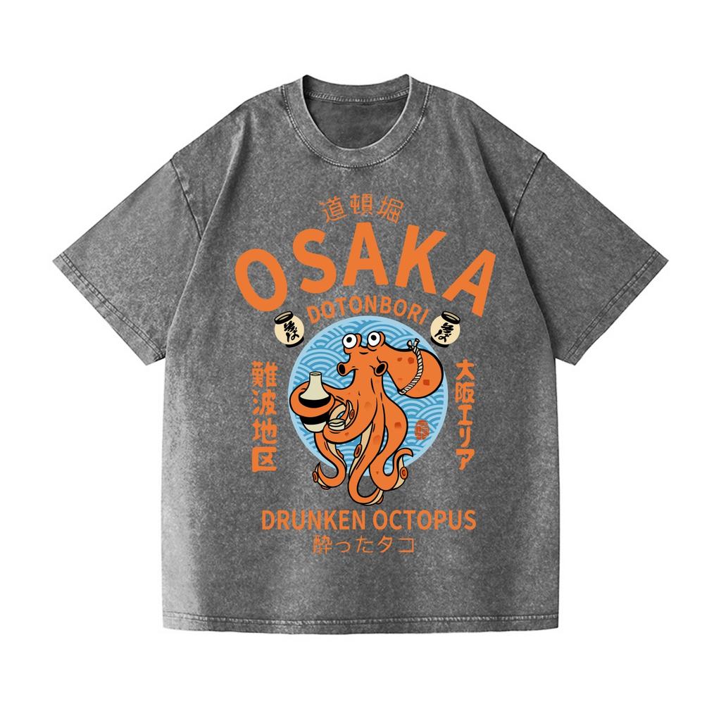 Fashion Osaka Octopus Printed Japanese Wash Design T-shirts Vintage Short Sleeve Harajuku Sports Tees Oversize Man
