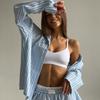European & American Striped Shirt and Shorts Casual Suit - Women's Spring/Autumn Two-Piece Pajama Set