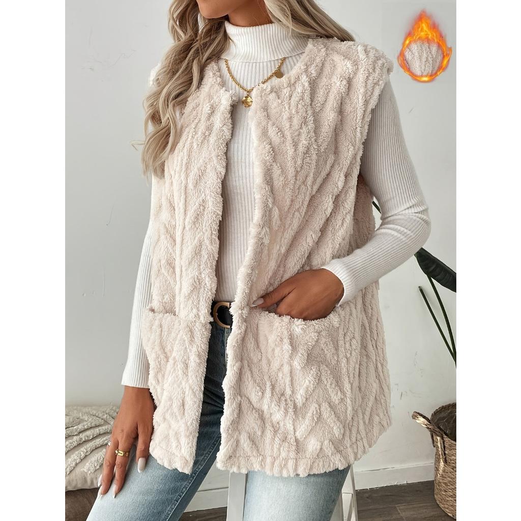 Women's Double-sided Fleece Sleeveless Cardigan Vest With Pockets Casual Loose Open Front Outfit  For European American Hot Sale