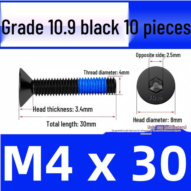 Black Anti-Slip Flat Cup Screw with Adhesive Blue Glue, Countersunk Hexagon Socket, Available in M2-M8 Sizes