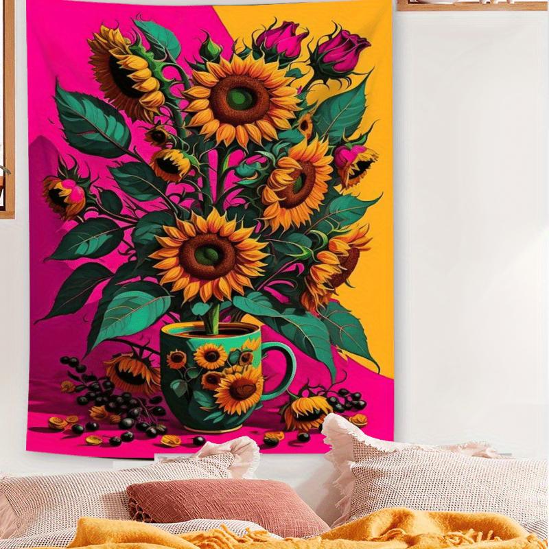 Sunflower Mug Tapestry Vibrant Floral Wall Art for Bedroom or Living Room Large Decorative Hanging Add Bright Colors