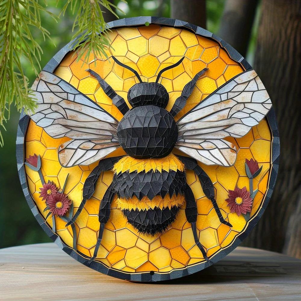 Round Metal Aluminum Sign Bee & Honeycomb Decorative Plates Entrance Decor Gift Mask Theme For Bar Club Home Room Wall Decor