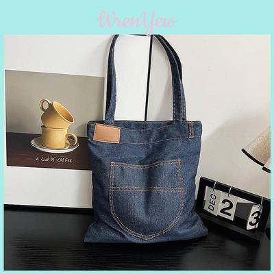 Denim Single Shoulder Bag Medium Square Style With Stitching For Casual Outings