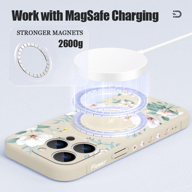 Magnetic For Magsafe Black-white Flower Case For iPhone 16 Pro Max Coque iPhone 15 Pro Max 14 13 11 17 Built-in Metal Plate Case