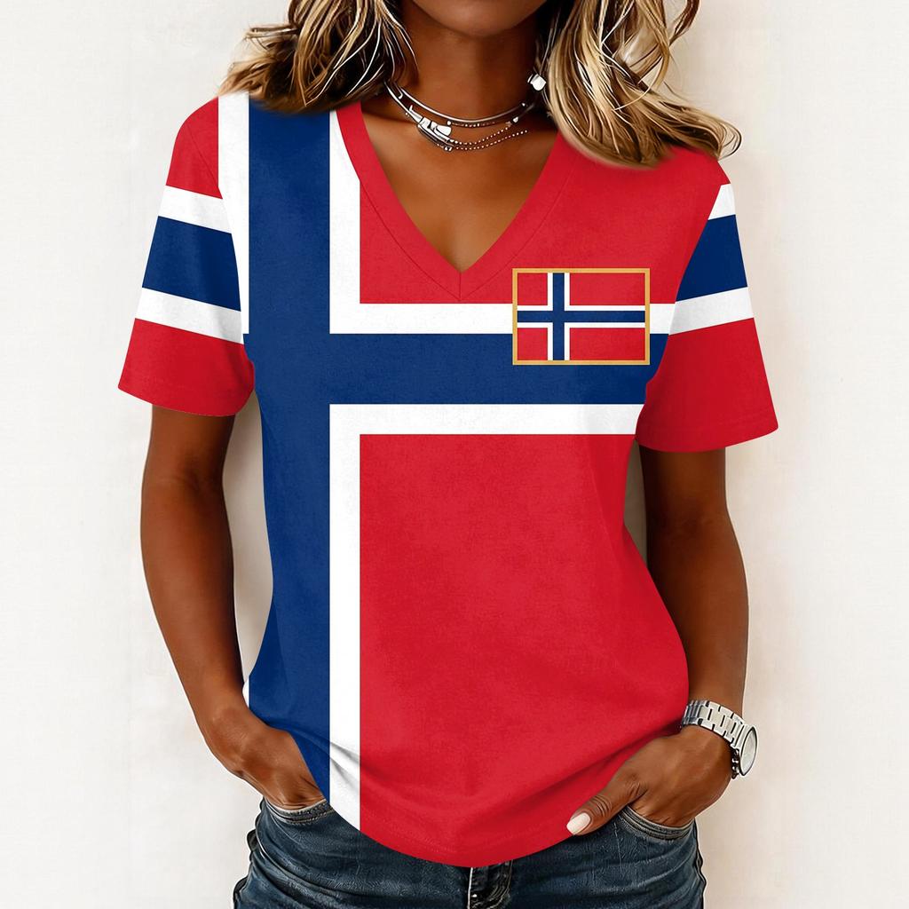 Women's Short Sleeve V-Neck T-Shirt with Soccer Flag Print for Casual Day Wear