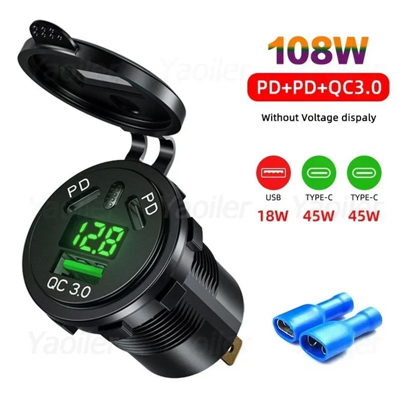 Kewig 108W USB Car Charger Socket Dual PD Type C QC 3.0 with Voltmeter Power Switch Fast Charging for 12-24V Car Boat Motorcycle