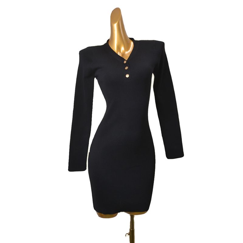 Foreign Trade Original Order Minimalist Black Long Sleeves Bodycon Dress Fashion Wind High Elastic Silm Metal Buckle Knitting Base Dress