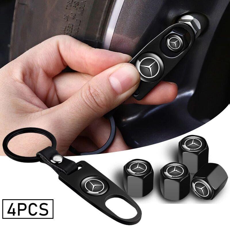 A Set Tire Valve Caps Wheel Cover With Leather KeyChain For Mercedes Benz A B C E V R-Class A45 C43 GLA GLC CLA SL Auto Styling ABEFG1