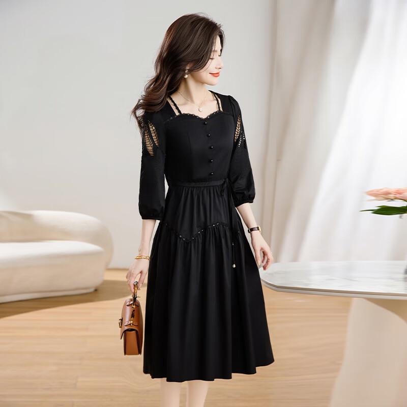 KeBeiEr Women's Black French Style A-Line Seven-Sleeve Dress