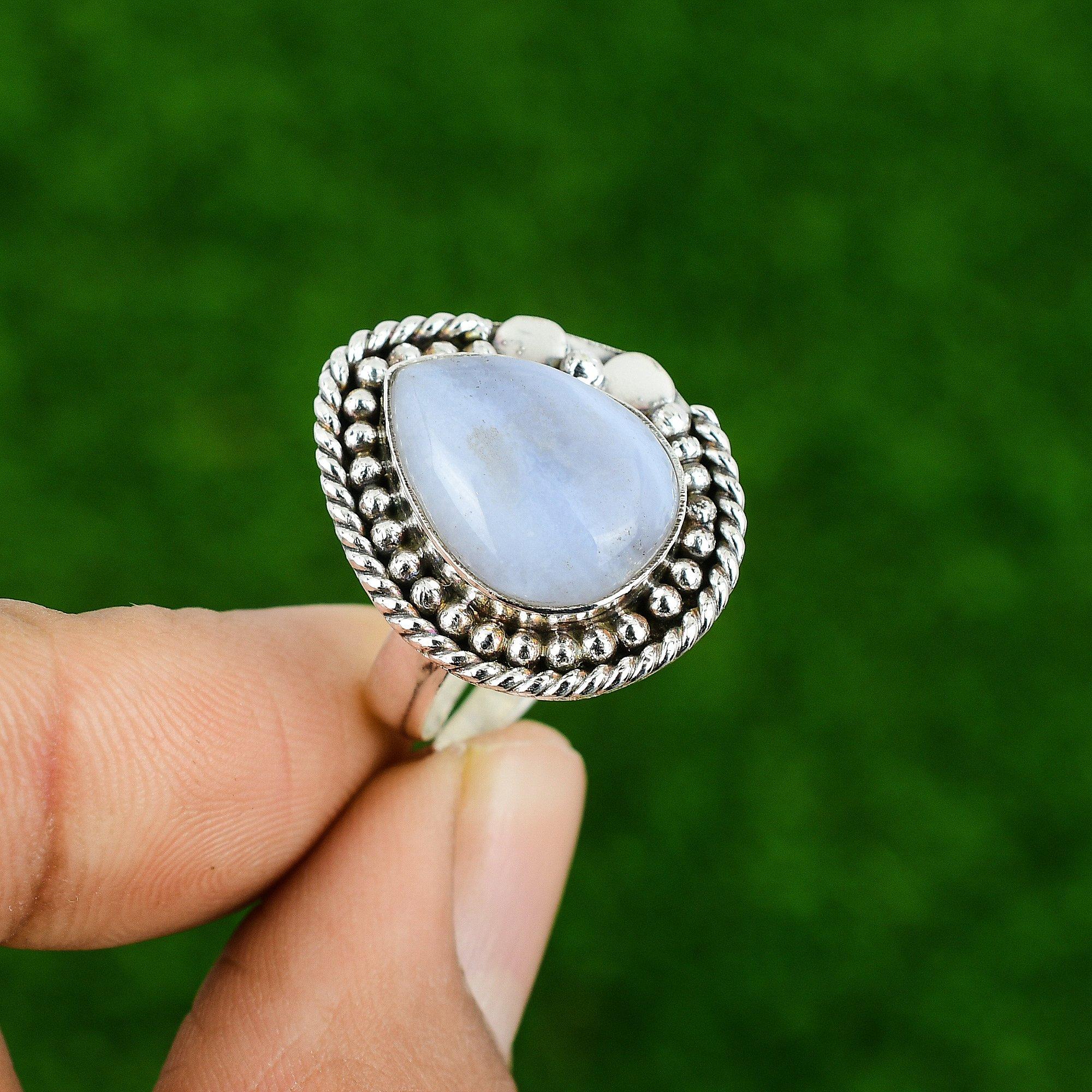

Mothers day Sale Blue Lace Agate Stone 925 Sterling Silver Bezel Wedding Ring Adjustable
