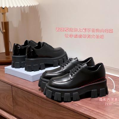 Cowhide~ Liu Wen Small Leather Shoes Women's Muffin Thick-soled Round Head Lace-up Oxford Shoes Inner Height-increasing Single Shoes