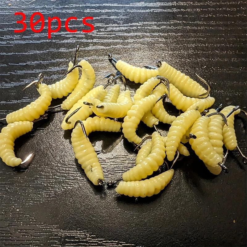 

30PCS Yellow Rubber Maggots with Hooks, Soft Grub Lures for Freshwater Fishing Bass Trout Crappie Bluegill,Fishing Bait Set Gift