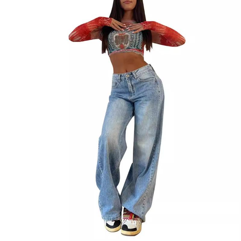New Retro Long Wide-leg Pants Spice Girl Loose Jeans Women's High-waisted Straight-leg Pants