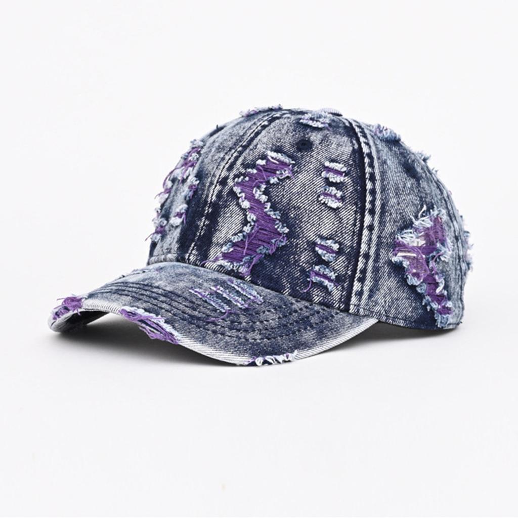 Distressed Denim Baseball Cap with Torn Detailing and Adjustable Strap for Casual Unisex Use Outdoor Activities