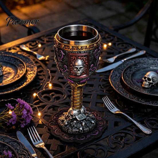 Unique Home Decor Gifts Horrible Resin Stainless Steel Skull Goblet, Retro Skeletal Wine Gothic Cup Cocktail Glasses, Vintage Whiskey for Halloween