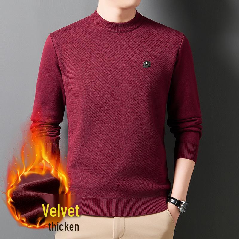 Men's Solid Color Half-High Collar Fleece Knit Sweater - Warm, Casual Base Layer Shirt