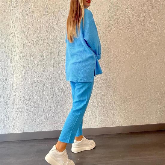 Summer 2 Piece Outfit for Women Oversized Button Down Long Sleeve Shirt And Cropped Pants Set Casual Loungewear Tracksuit