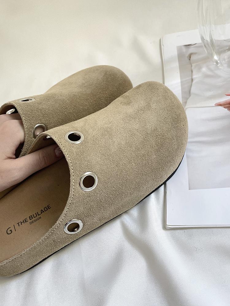 Fashion 2025 Spring New Closed Toe Slippers Women's Fashion Round Toe Deep Mouth Rivet Soft Sole Anti-slip Wear-resistant Flat Shoes