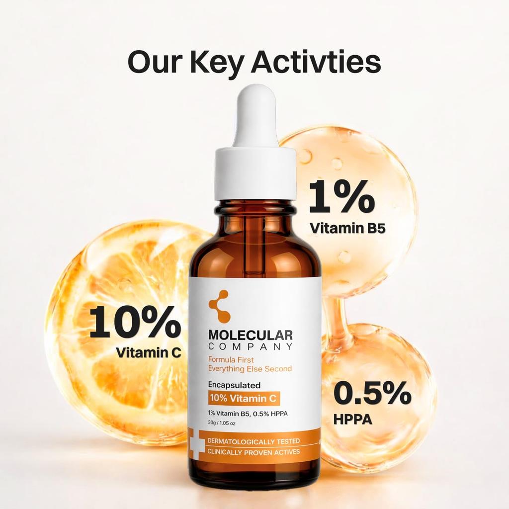 Molecular Company 10% ENCAPSULATED Vitamin C Face Serum 30ml | More Absorption, Lesser Irritation | 1% Vitamin B5 & 0.5% HPPA for Glowing Skin, Bri