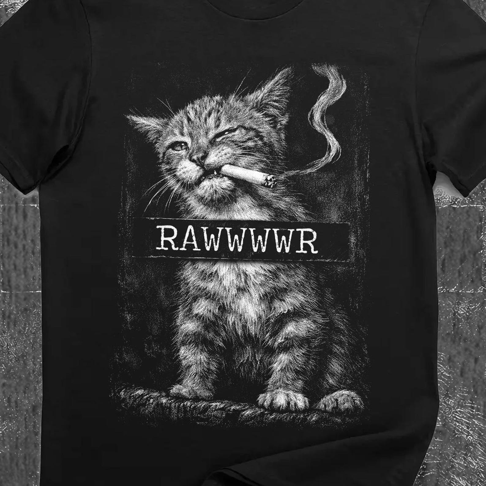 RAWWWR Cat Meme Tee | Funny Smoking Cat Shirt Grumpy Cat Humor T-Shirt, Bad Attitude Kitty, Sarcastic Cat Lover Gift S