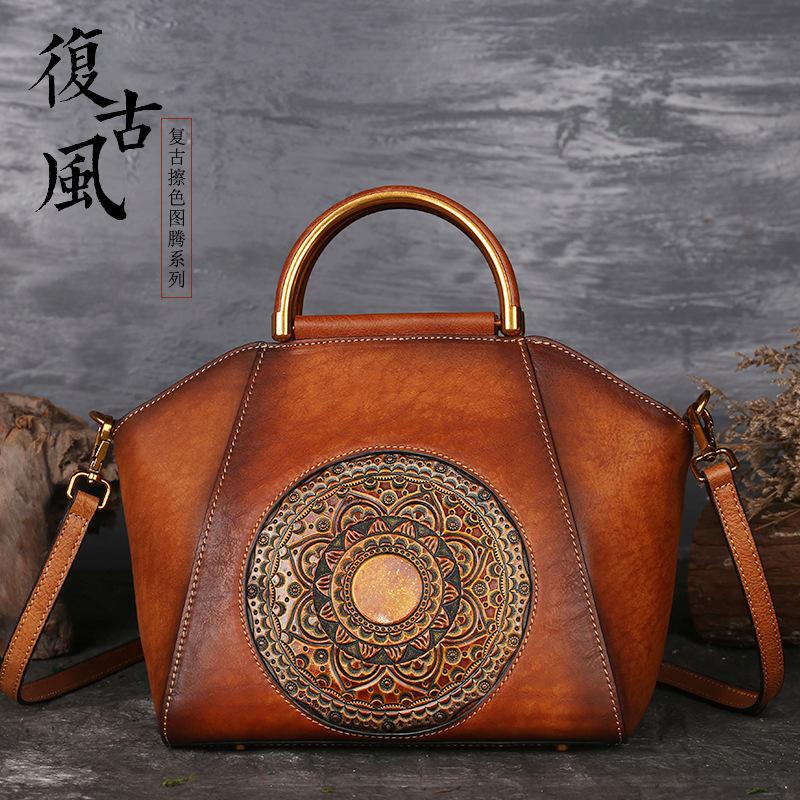 Vintage Polished Totem First Layer Cowhide Women's Bag Handmade Embossed Handbag Genuine Leather Shoulder Messenger Bag