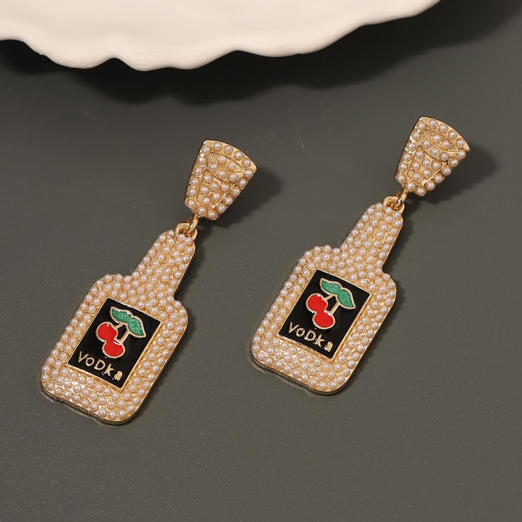 European and American new creative fashion drip alloy imitation pearl geometric wine bottle earrings personality temperament light luxury women