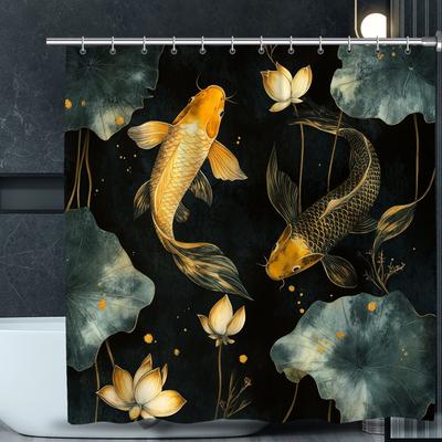 1pc Beautiful Dark Goldfish and Lotus Digital Print Shower Curtain, Machine Washable, Four Seasons Bathroom Decor with Hooks