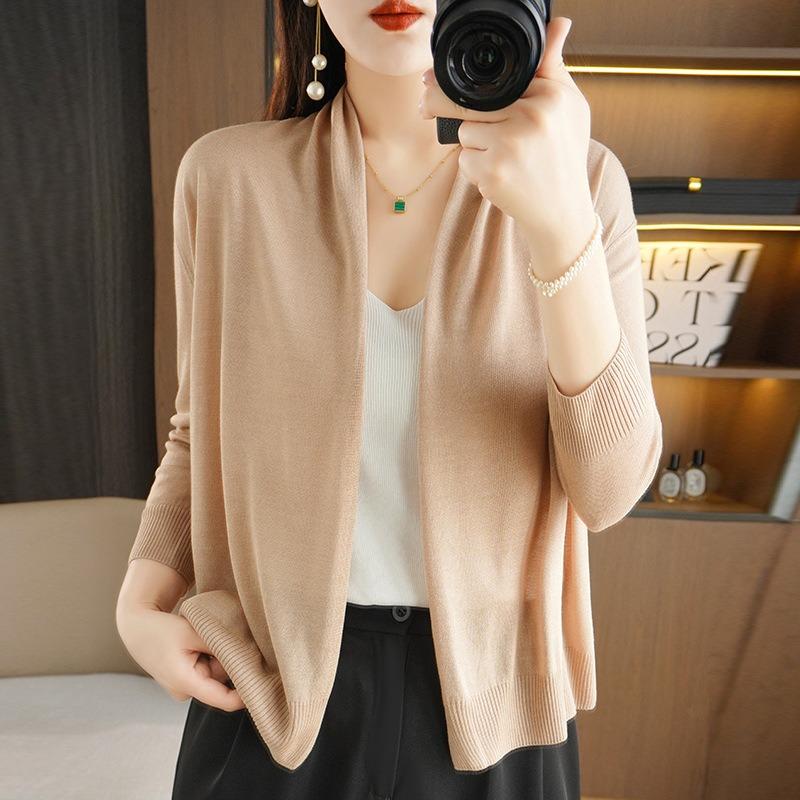 Dünne Strickjacke aus Eisseide und Leinen für Damen, langärmelig, Strickmode, locker, elegant, Schal, lässiger Mantel, einfarbig, einfaches Grundmodell, Pendeln, Frühling, Herbst