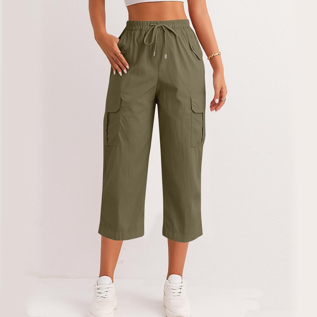 Women's Fashionable Drawstring With Flip Pocket Solid Color Captcha Pants Work Pants