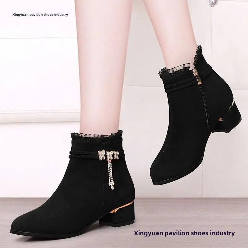 Herbst Winter Kurze Stiefel Damen Runde Zehe Dicker Absatz Hoher Absatz Fleecegefüttert Warme Baumwollschuhe Mittlerer Absatz Niedriger Absatz