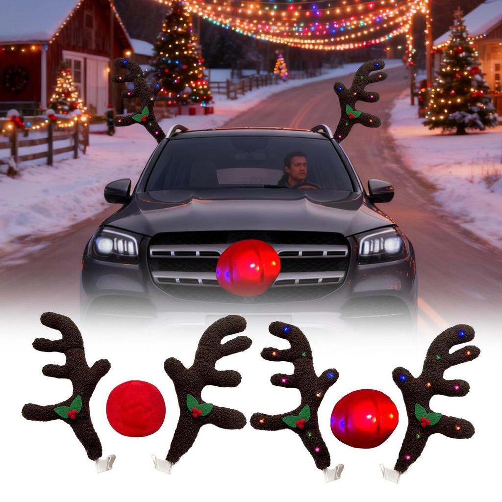 2025 New Christmas Reindeer For Car Holiday Auto Exterior Costume Christmas Reindeer For Car Ornaments For Suv Van Truck Vehicle
